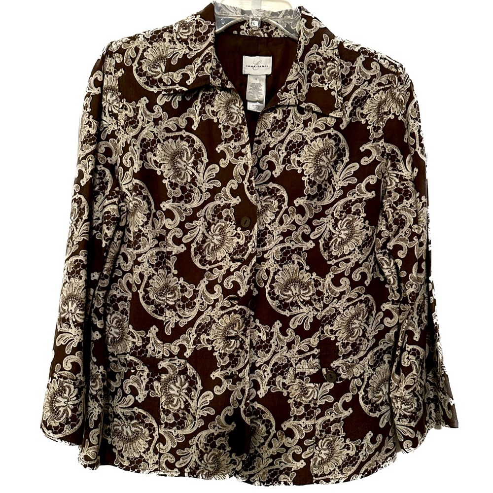 Emma James brown and ivory paisley professional jacket-style top, Size 8